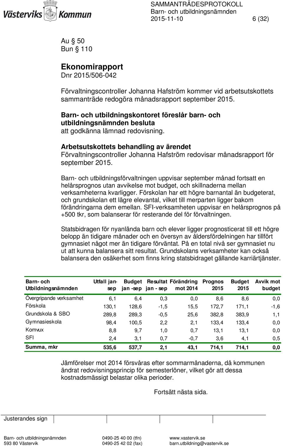 Arbetsutskottets behandling av ärendet Förvaltningscontroller Johanna Hafström redovisar månadsrapport för september 2015.