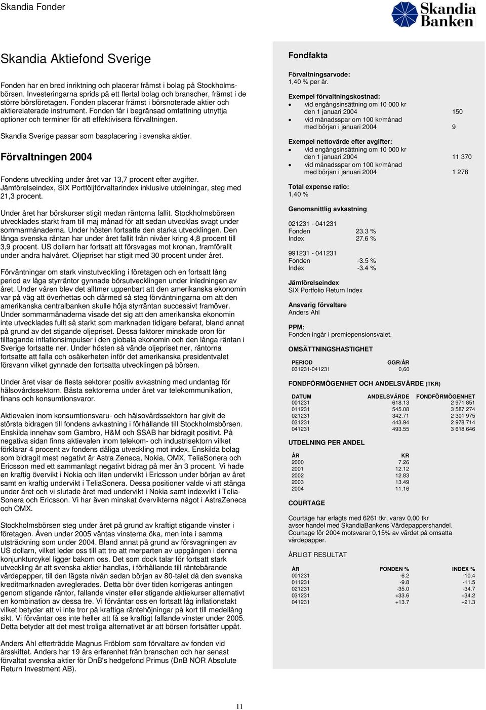 Skandia Sverige passar som basplacering i svenska aktier. Förvaltningen 2004 Fondens utveckling under året var 13,7 procent efter avgifter.