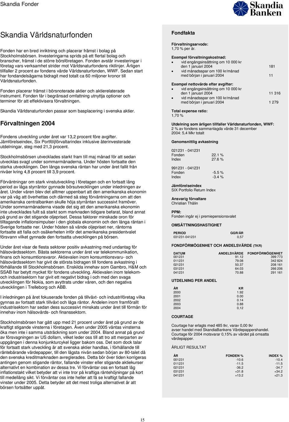 Sedan start har fondandelsägarna bidragit med totalt ca 60 miljoner kronor till Världsnaturfonden. Fonden placerar främst i börsnoterade aktier och aktierelaterade instrument.