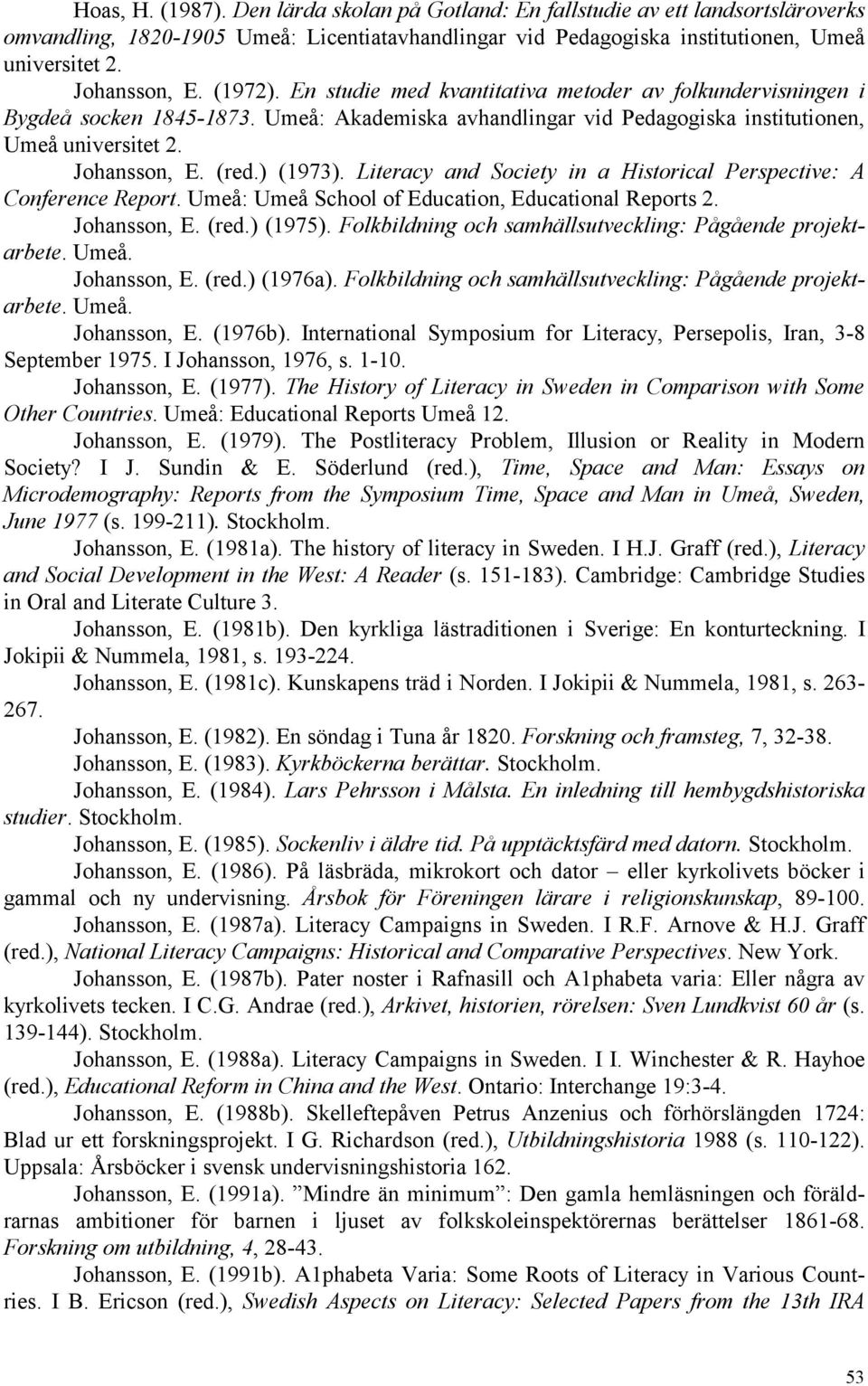 ) (1973). Literacy and Society in a Historical Perspective: A Conference Report. Umeå: Umeå School of Education, Educational Reports 2. Johansson, E. (red.) (1975).