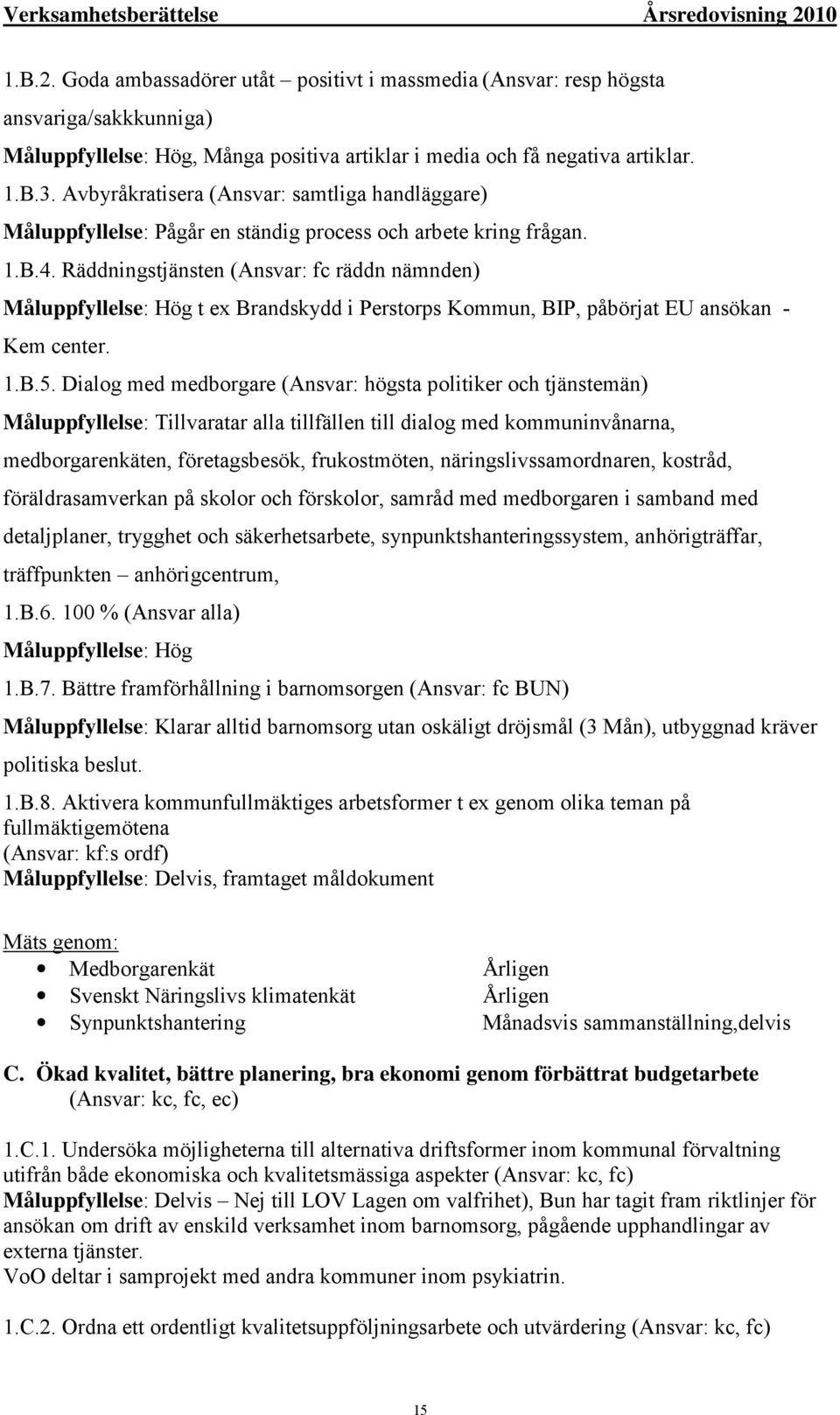 Räddningstjänsten (Ansvar: fc räddn nämnden) Måluppfyllelse: Hög t ex Brandskydd i Perstorps Kommun, BIP, påbörjat EU ansökan - Kem center. 1.B.5.