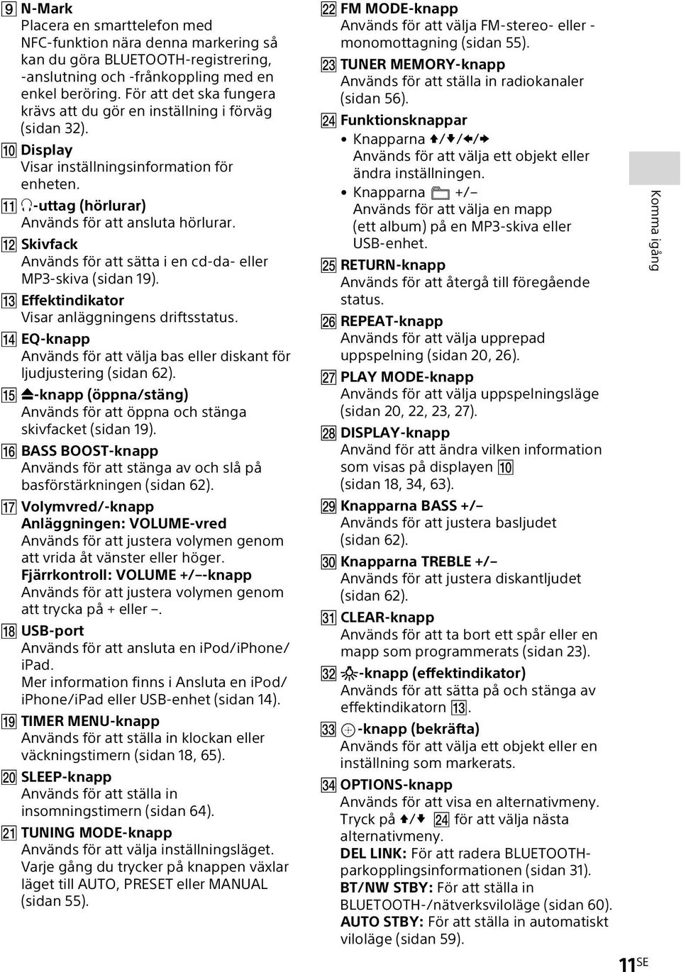 Skivfack Används för att sätta i en cd-da- eller MP3-skiva (sidan 19). Effektindikator Visar anläggningens driftsstatus. EQ-knapp Används för att välja bas eller diskant för ljudjustering (sidan 62).