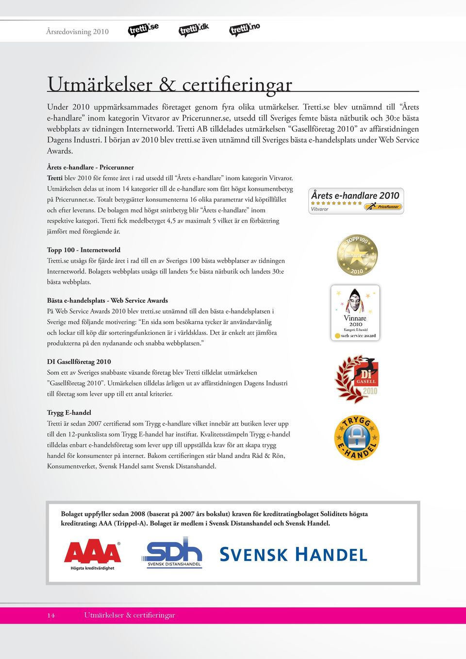 I början av 2010 blev tretti.se även utnämnd till Sveriges bästa e-handelsplats under Web Service Awards.