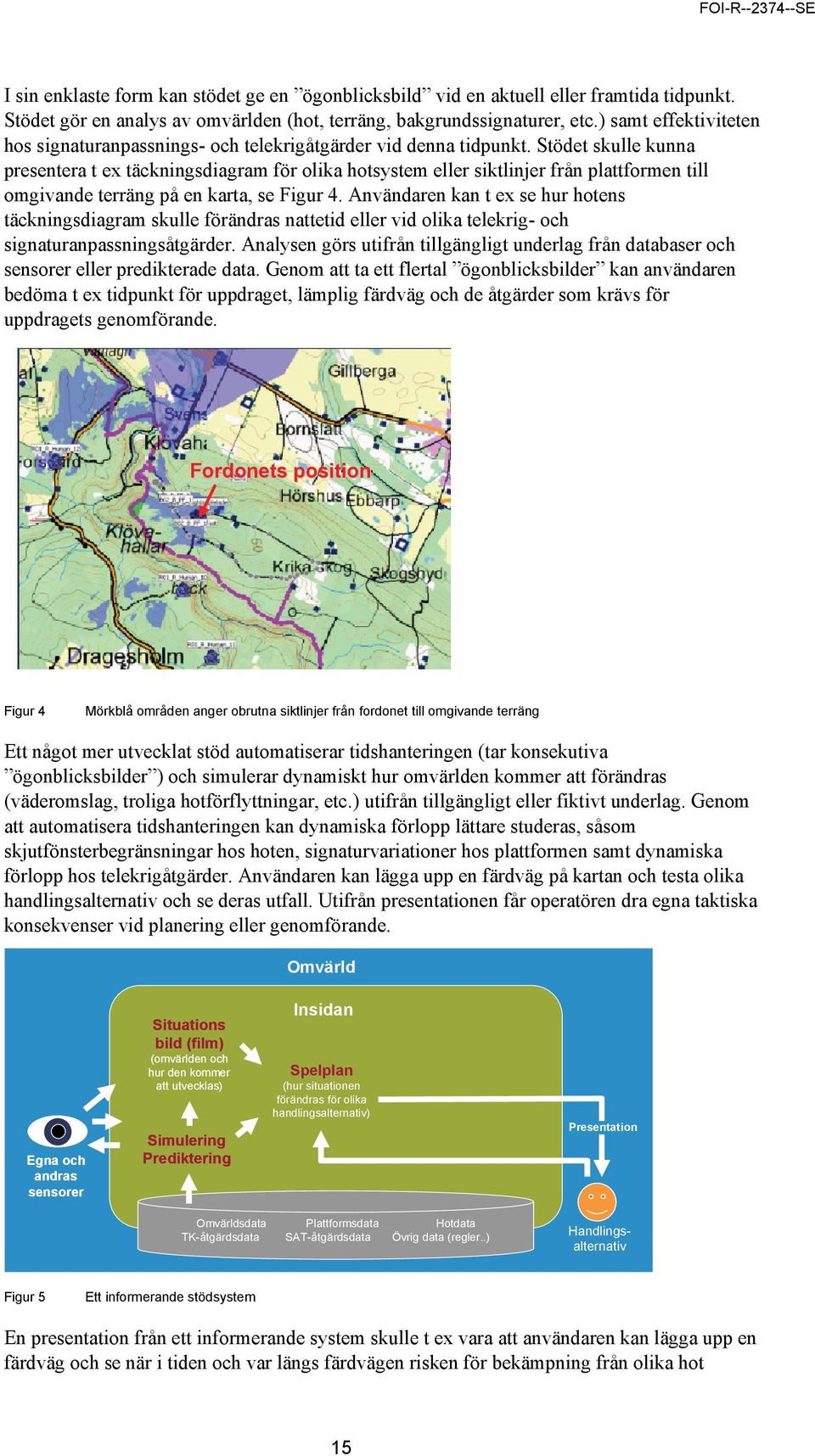 Stödet skulle kunna presentera t ex täckningsdiagram för olika hotsystem eller siktlinjer från plattformen till omgivande terräng på en karta, se Figur 4.