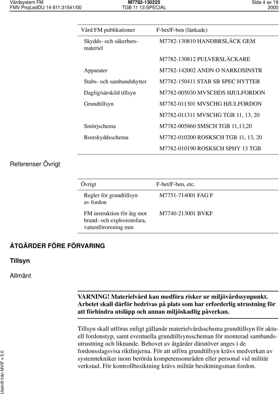 M7782-011311 MVSCHG TGB 11, 13, 20 Smörjschema M7782-005860 SMSCH TGB 11,13,20 Rostskyddsschema M7782-010200 ROSKSCH TGB 11, 13, 20 M7782-010190 ROSKSCH SPHY 13 TGB Övrigt Regler för grundtillsyn av