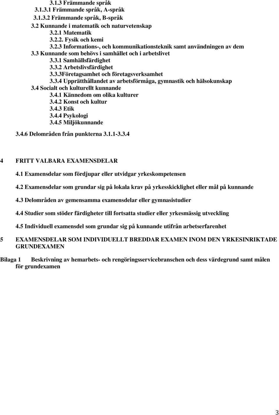 4 Socialt och kulturellt kunnande 3.4.1 Kännedom om olika kulturer 3.4.2 Konst och kultur 3.4.3 Etik 3.4.4 Psykologi 3.4.5 Miljökunnande 3.4.6 Delområden från punkterna 3.1.1-3.3.4 4 FRITT VALBARA EXAMENSDELAR 4.