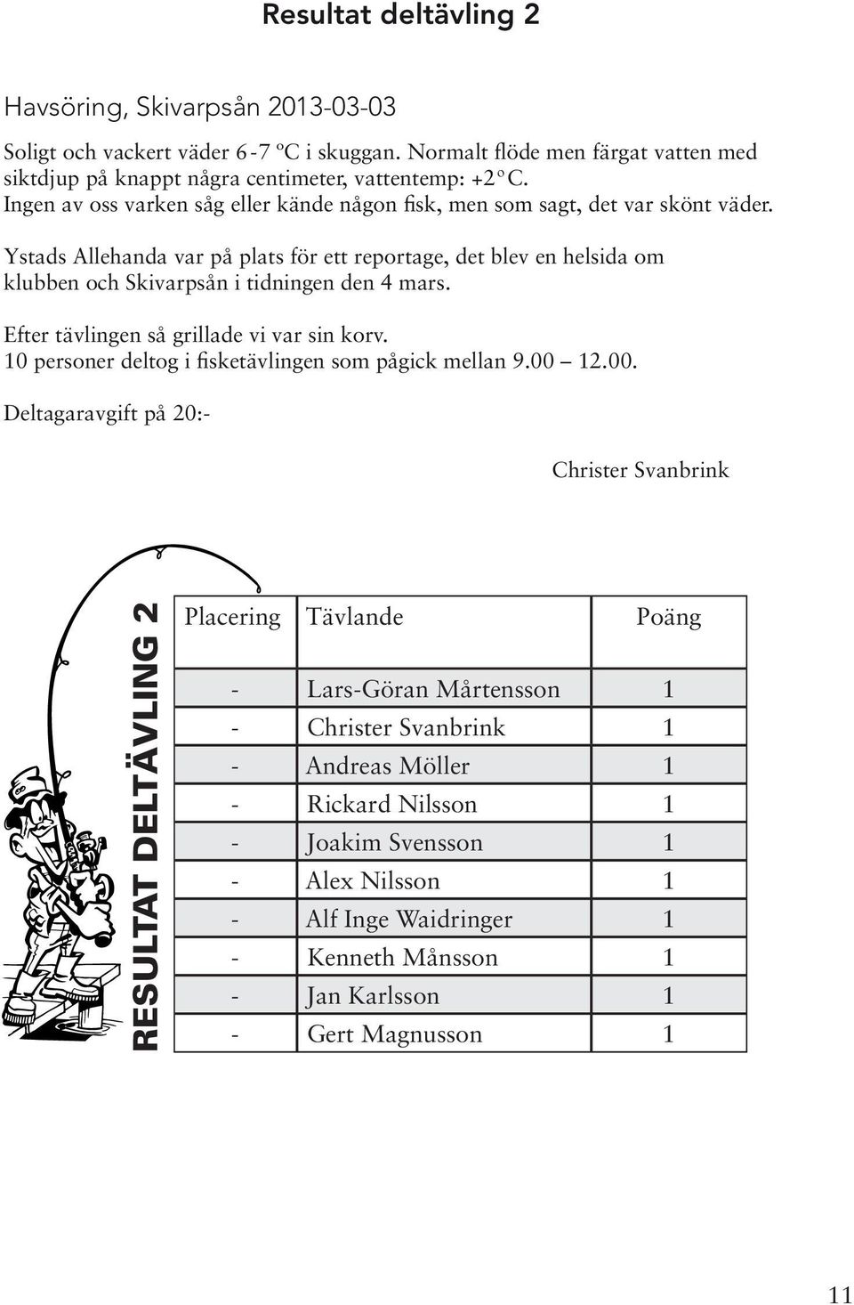 Ystads Allehanda var på plats för ett reportage, det blev en helsida om klubben och Skivarpsån i tidningen den 4 mars. Efter tävlingen så grillade vi var sin korv.