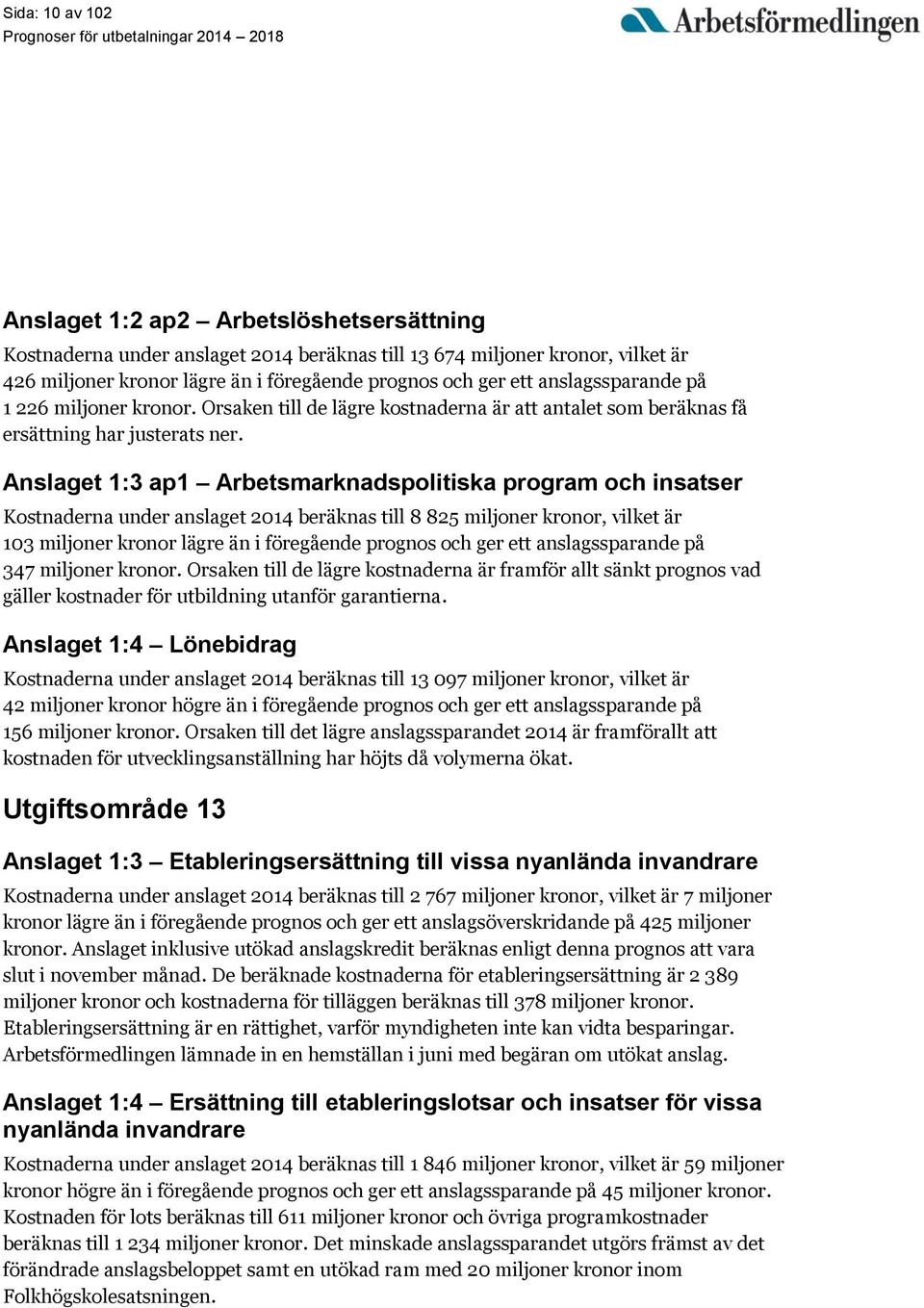 Anslaget 1:3 ap1 Arbetsmarknadspolitiska program och insatser Kostnaderna under anslaget 2014 beräknas till 8 825 miljoner kronor, vilket är 103 miljoner kronor lägre än i föregående prognos och ger