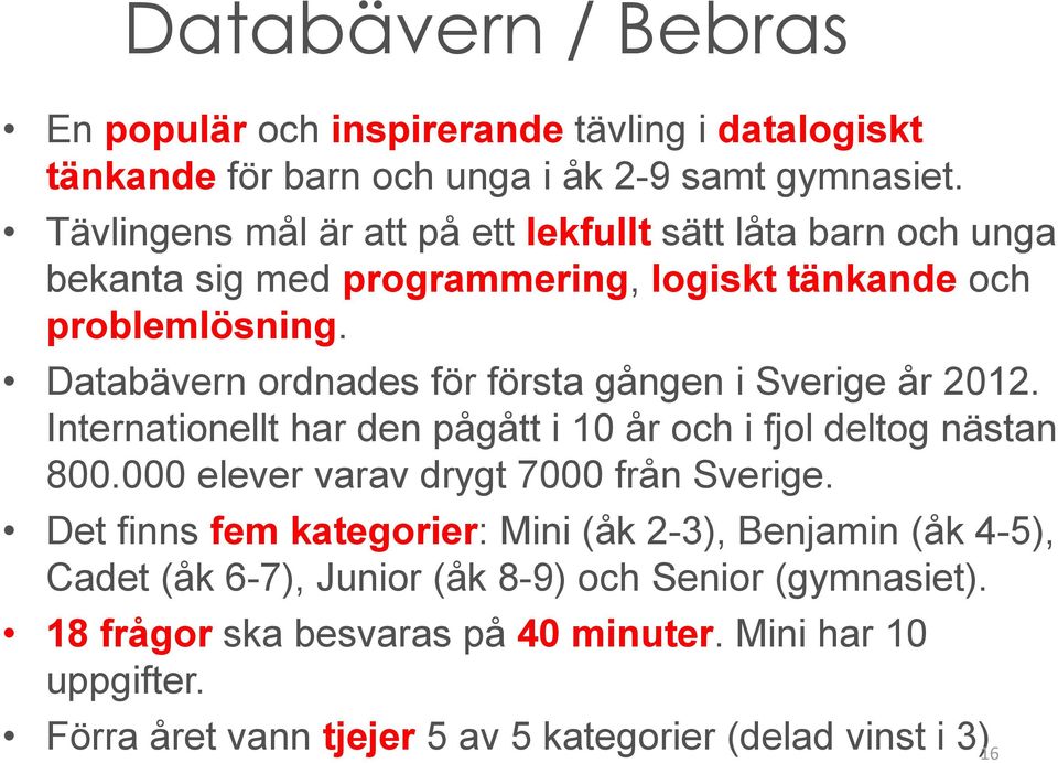 Databävern ordnades för första gången i Sverige år 2012. Internationellt har den pågått i 10 år och i fjol deltog nästan 800.