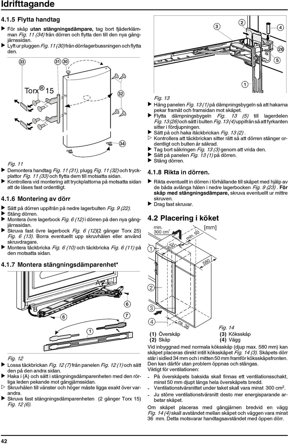 u Kontrollera vid montering att tryckplattorna på motsatta sidan att de låses fast ordentligt. 4.1.6 Montering av dörr u Sätt på dörren uppifrån på nedre lagerbulten Fig. 9 (22). u Stäng dörren.