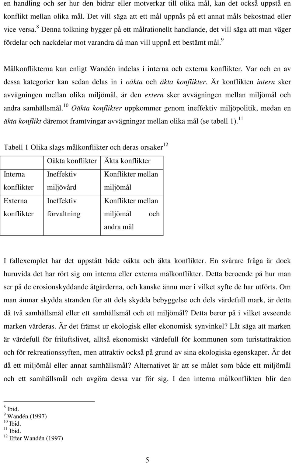 9 Målkonflikterna kan enligt Wandén indelas i interna och externa konflikter. Var och en av dessa kategorier kan sedan delas in i oäkta och äkta konflikter.