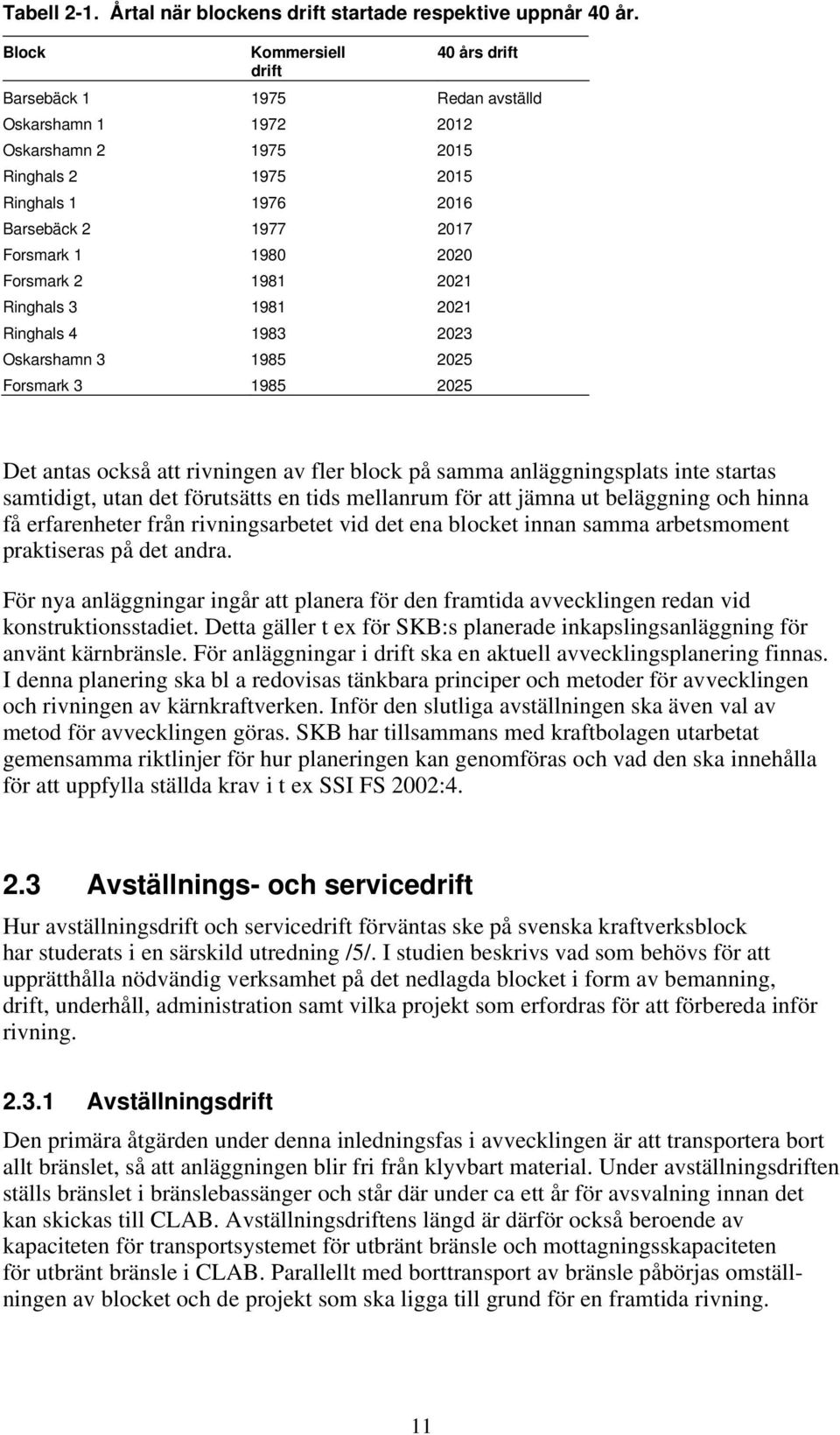 Forsmark 2 1981 2021 Ringhals 3 1981 2021 Ringhals 4 1983 2023 Oskarshamn 3 1985 2025 Forsmark 3 1985 2025 Det antas också att rivningen av fler block på samma anläggningsplats inte startas