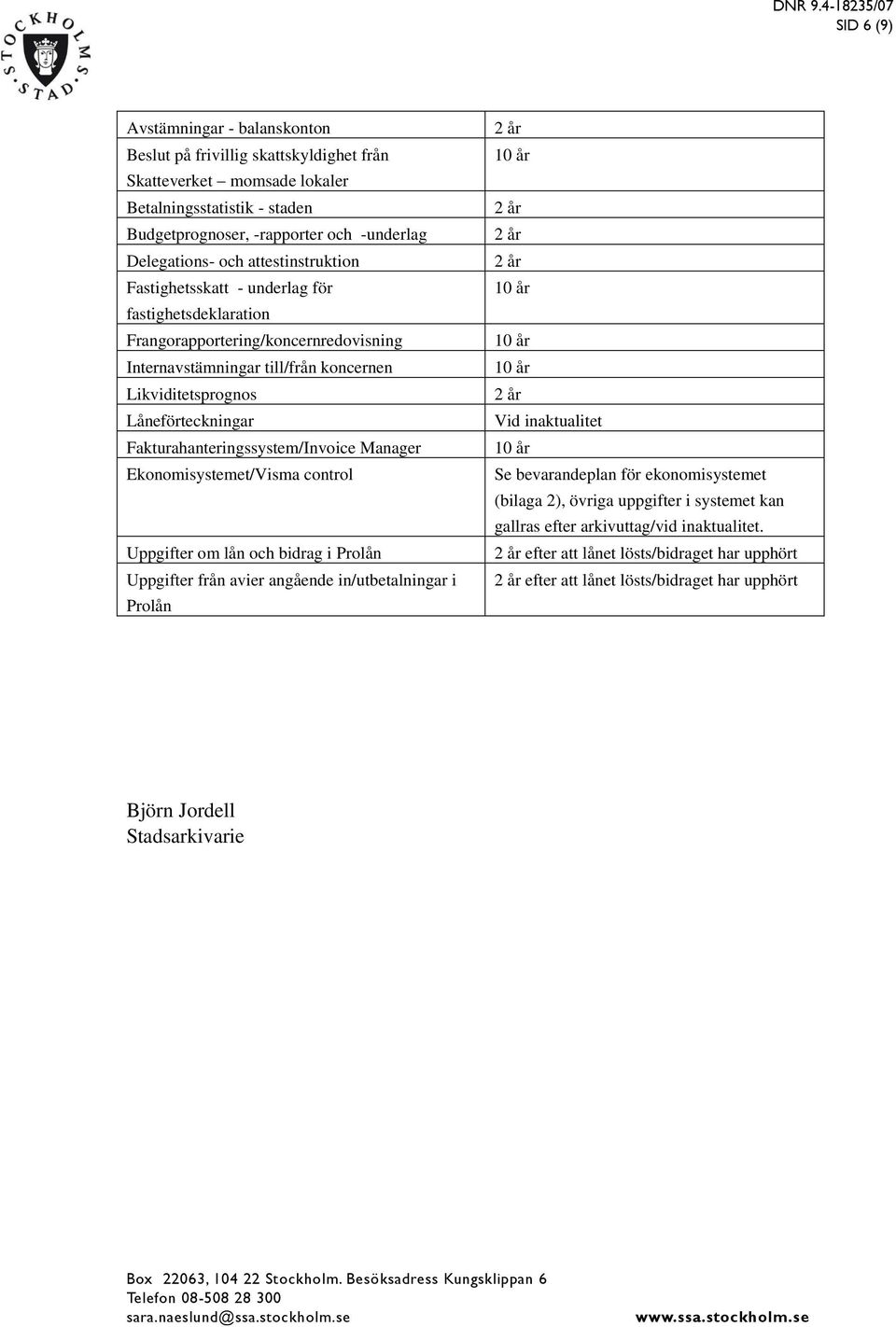 Fakturahanteringssystem/Invoice Manager Ekonomisystemet/Visma control Uppgifter om lån och bidrag i Prolån Uppgifter från avier angående in/utbetalningar i Prolån Se bevarandeplan för