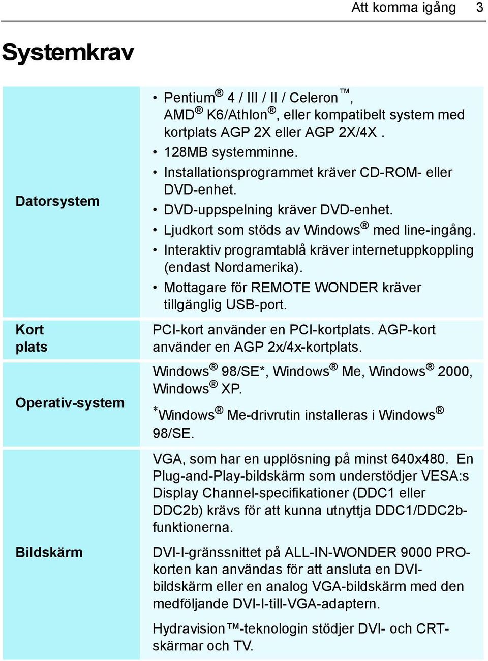 Interaktiv programtablå kräver internetuppkoppling (endast Nordamerika). Mottagare för REMOTE WONDER kräver tillgänglig USB-port. PCI-kort använder en PCI-kortplats.