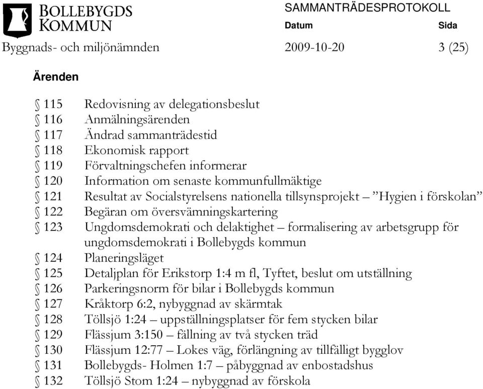 formalisering av arbetsgrupp för ungdomsdemokrati i Bollebygds kommun 124 Planeringsläget 125 Detaljplan för Erikstorp 1:4 m fl, Tyftet, beslut om utställning 126 Parkeringsnorm för bilar i