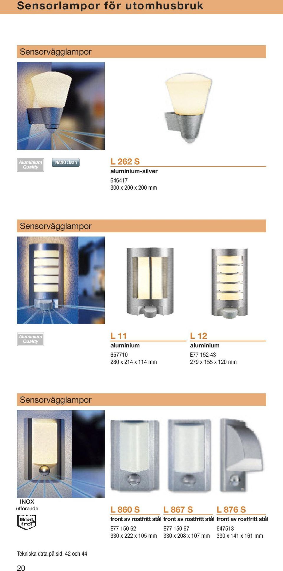 Sensorvägglampor INOX utförande L 860 S L 867 S L 876 S front av rostfritt stål front av rostfritt stål front av rostfritt