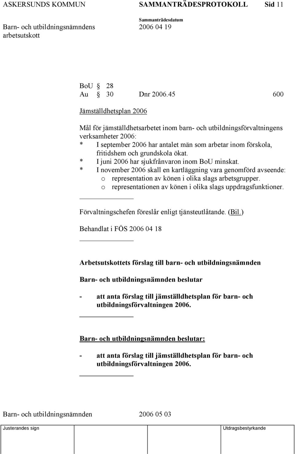 grundskola ökat. * I juni 2006 har sjukfrånvaron inom BoU minskat. * I november 2006 skall en kartläggning vara genomförd avseende: o representation av könen i olika slags arbetsgrupper.