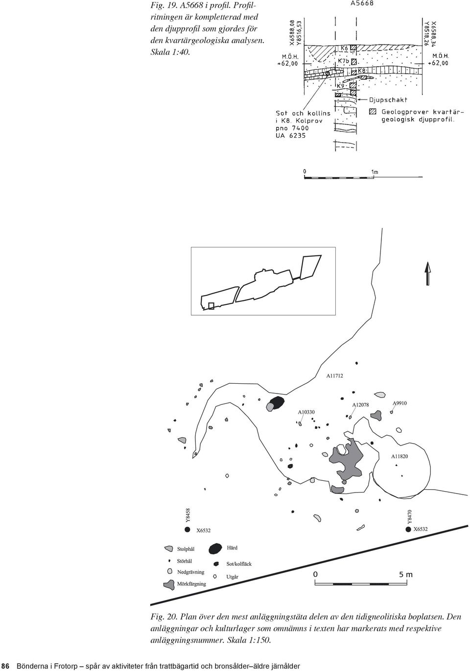 Skala 1:40. 0 5 m Fig. 20. Plan över den mest anläggningstäta delen av den tidigneolitiska boplatsen.