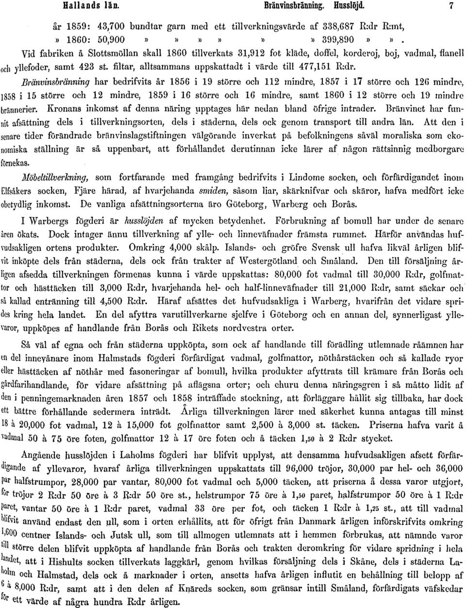 Bränvinsbränning har bedrifvits år 1856 i 19 större och 112 mindre, 1857 i 17 större och 126 mindre, 1858 i 15 större och 12 mindre, 1859 i 16 större och 16 mindre, samt 1860 i 12 större och 19