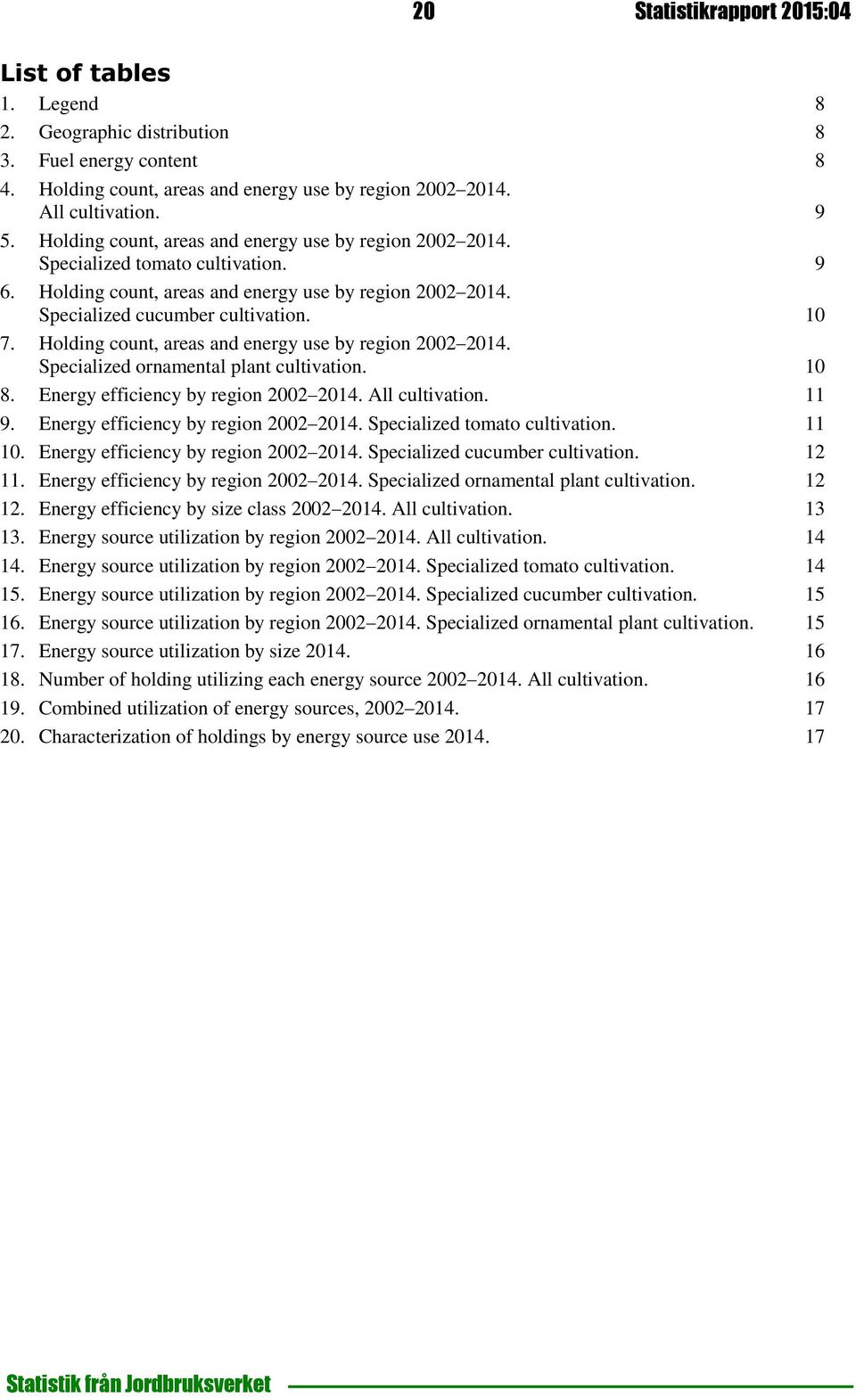 Holding count, areas and energy use by region 2002 2014. Specialized ornamental plant cultivation. 10 8. Energy efficiency by region 2002 2014. All cultivation. 11 9.