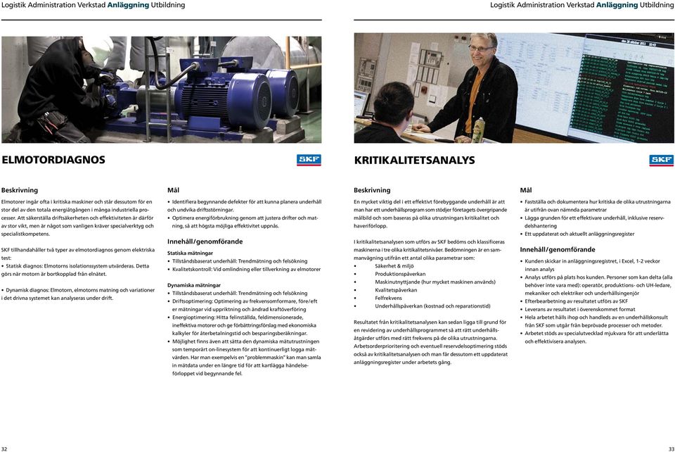 SKF tillhandahåller två typer av elmotordiagnos genom elektriska test: Statisk diagnos: Elmotorns isolationssystem utvärderas. Detta görs när motorn är bortkopplad från elnätet.