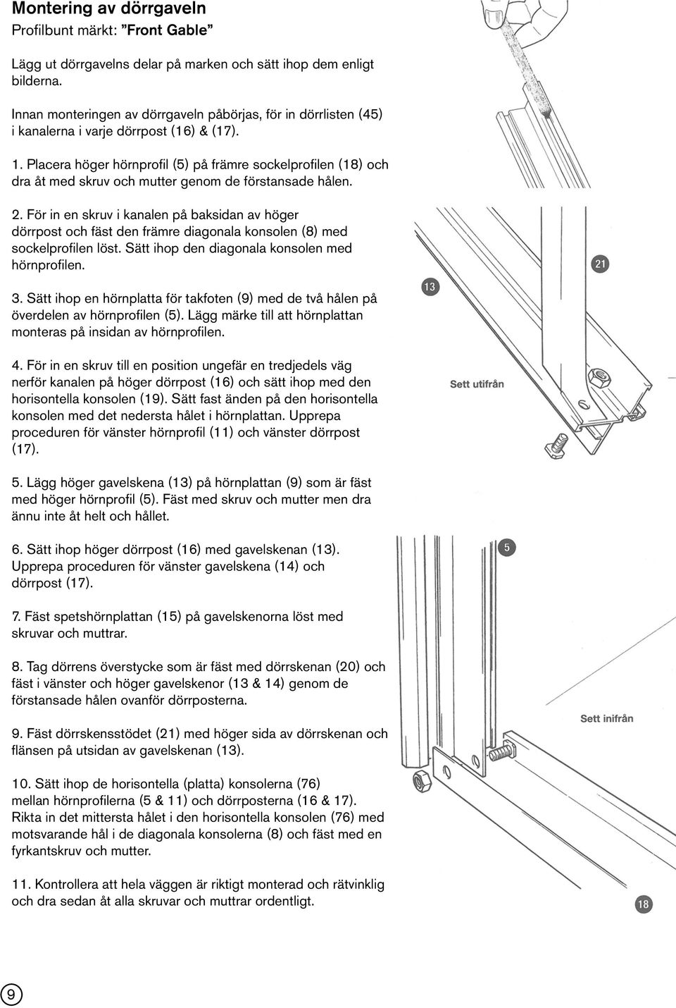 Placera höger hörnprofil (5) på främre sockelprofilen (18) och dra åt med skruv och mutter genom de förstansade hålen. 2.