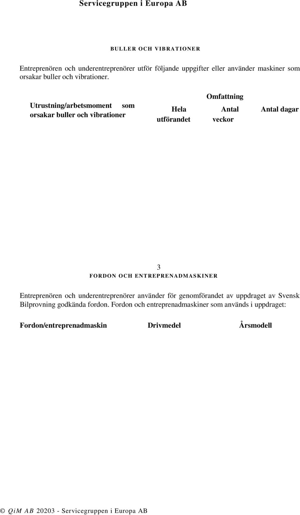 Utrustning/arbetsmoment som orsakar buller och vibrationer Omfattning Hela Antal Antal dagar utförandet veckor 3 FORDON OCH