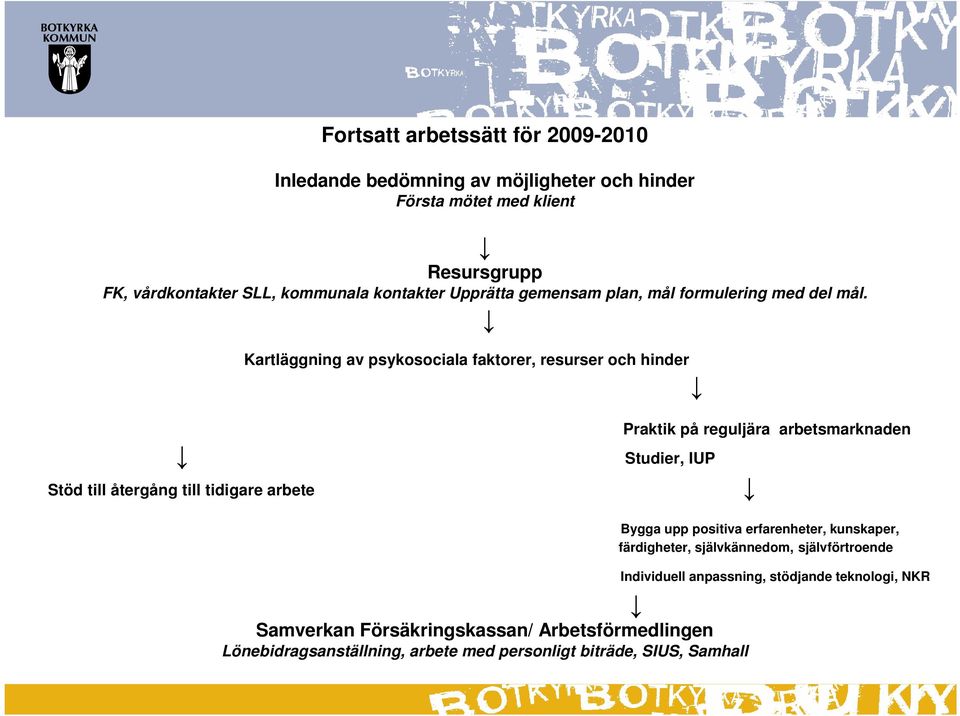 Kartläggning av psykosociala faktorer, resurser och hinder Stöd till återgång till tidigare arbete Praktik på reguljära arbetsmarknaden Studier, IUP