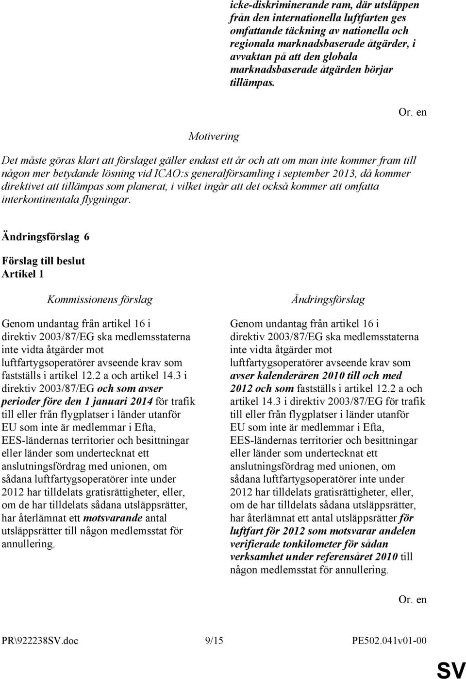 Det måste göras klart att förslaget gäller endast ett år och att om man inte kommer fram till någon mer betydande lösning vid ICAO:s generalförsamling i september 2013, då kommer direktivet att