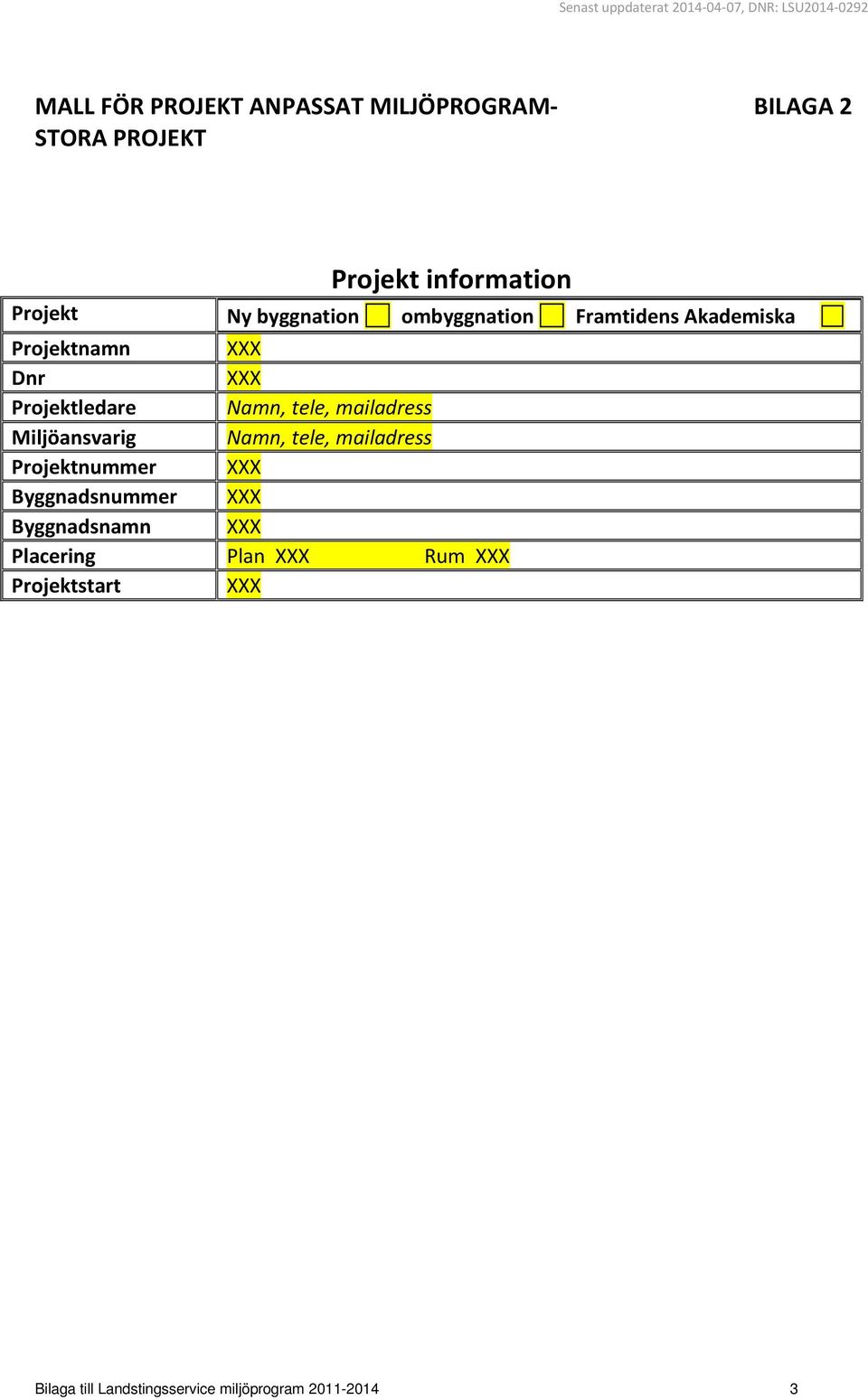 Projektledare Namn, tele, mailadress Miljöansvarig Namn, tele, mailadress Projektnummer XXX Byggnadsnummer