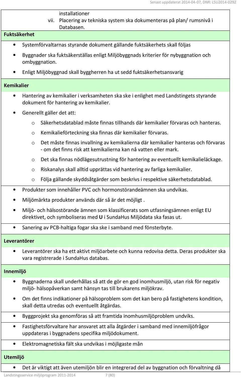 Systemförvaltarnas styrande dokument gällande fuktsäkerhets skall följas Byggnader ska fuktsäkerställas enligt Miljöbyggnads kriterier för nybyggnation och ombyggnation.