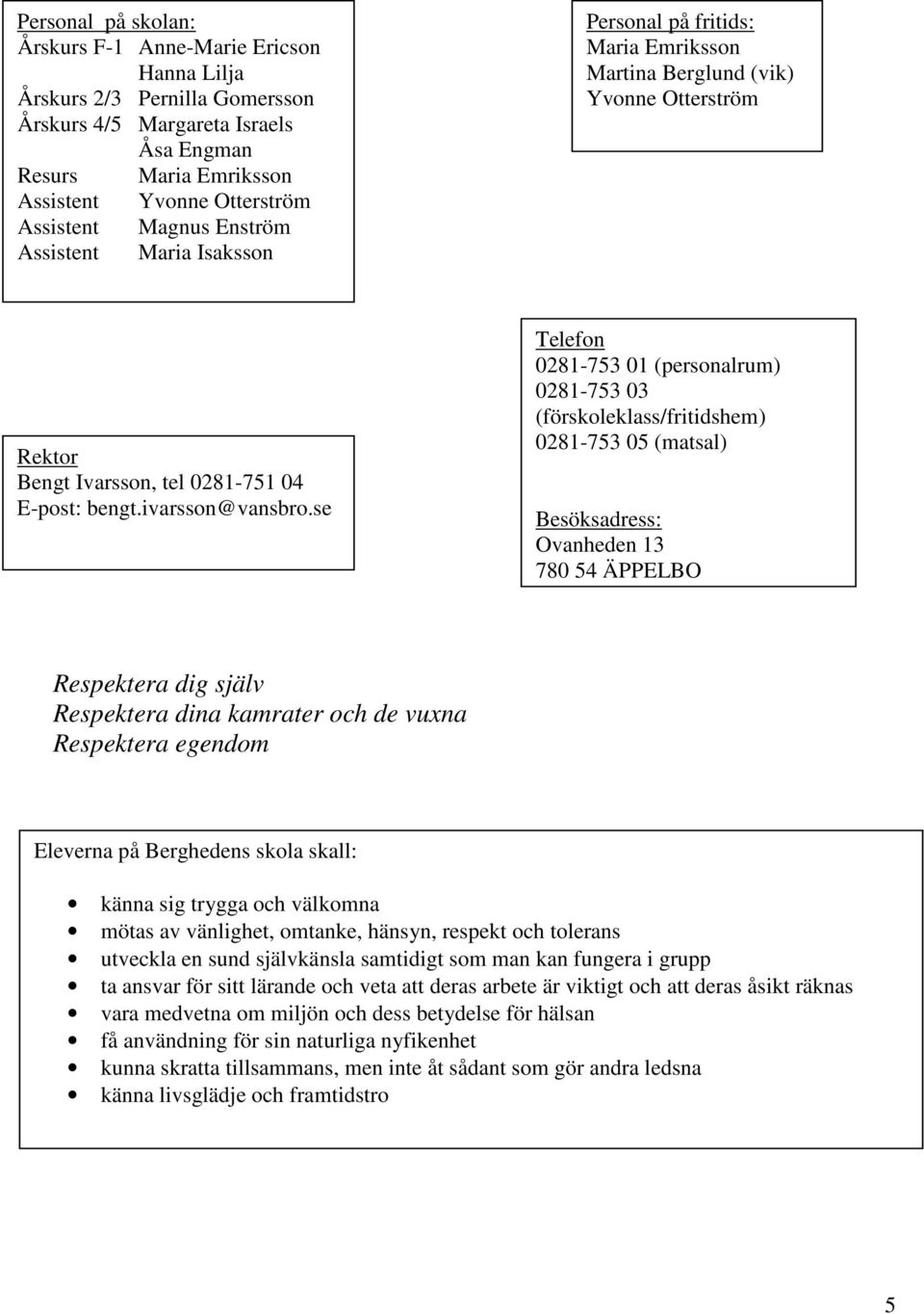 se Telefon 0281-753 01 (personalrum) 0281-753 03 (förskoleklass/fritidshem) 0281-753 05 (matsal) Besöksadress: Ovanheden 13 780 54 ÄPPELBO Respektera dig själv Respektera dina kamrater och de vuxna