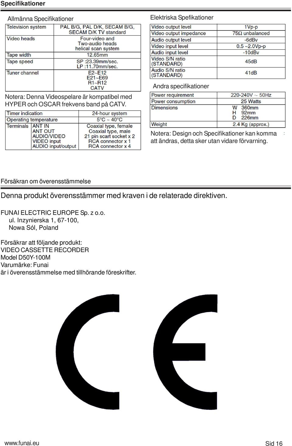 Försäkran om överensstämmelse Denna produkt överensstämmer med kraven i de relaterade direktiven. FUNAI EECTIC EUOPE Sp. z o.o. ul.