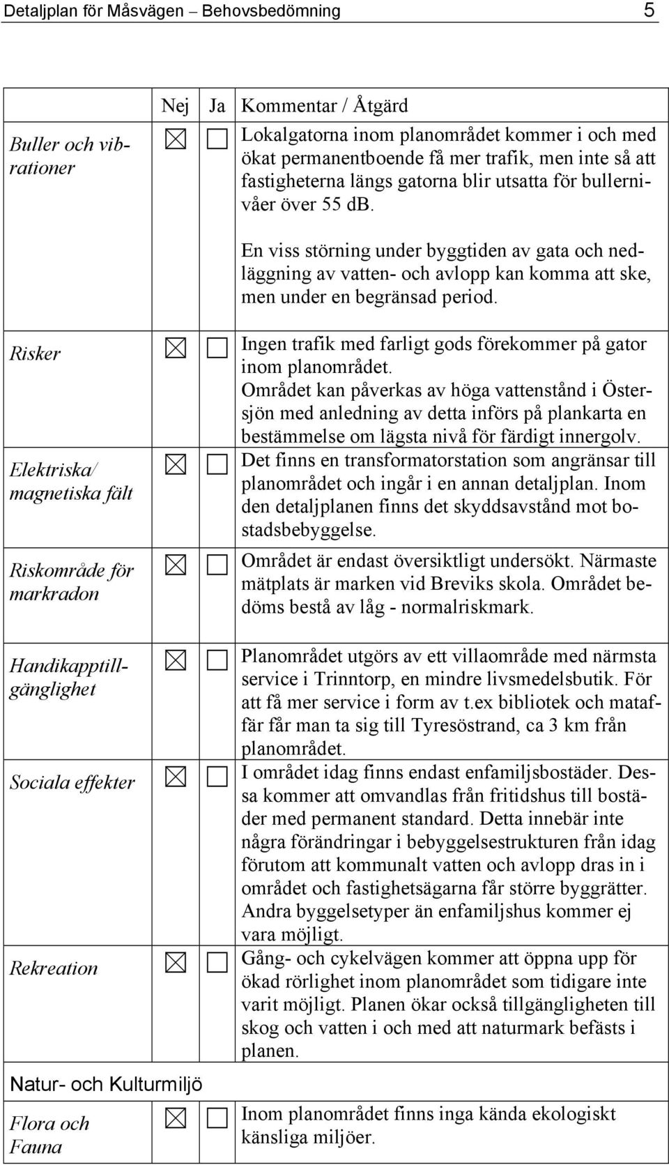 Risker Elektriska/ magnetiska fält Riskområde för markradon Handikapptillgänglighet Sociala effekter Rekreation Natur- och Kulturmiljö Flora och Fauna Ingen trafik med farligt gods förekommer på