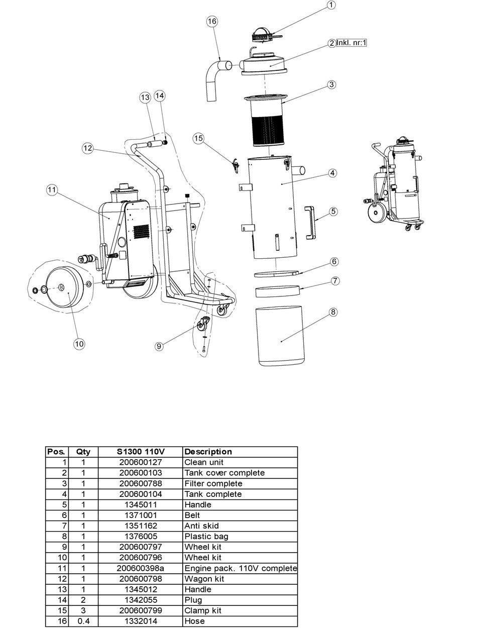 1376005 Plastic bag 9 1 200600797 Wheel kit 10 1 200600796 Wheel kit 11 1 200600398a Engine pack.