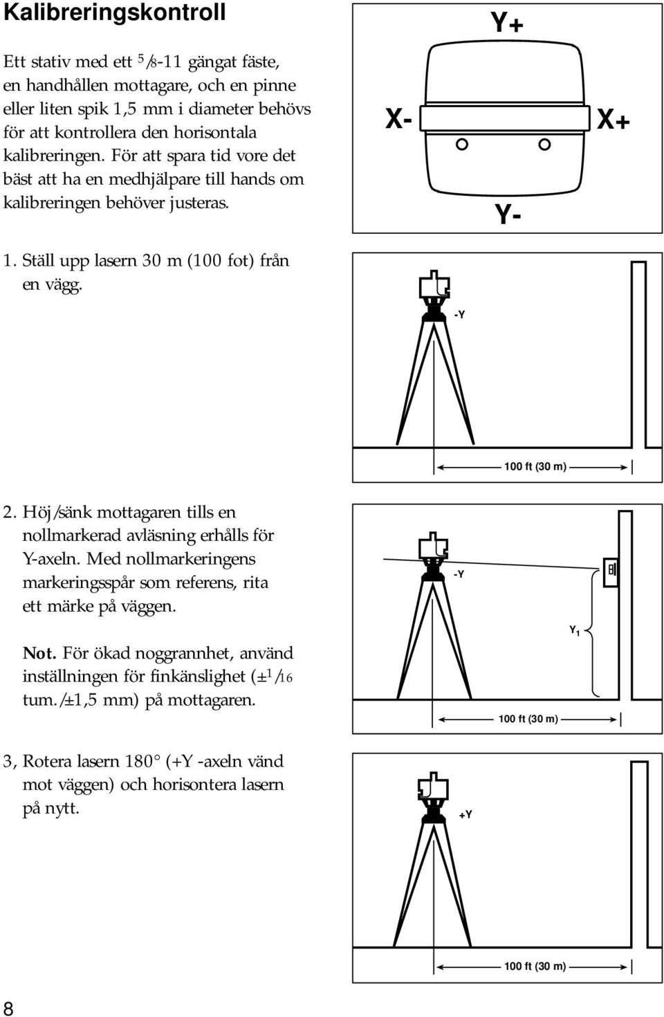 -Y 100 ft (30 m) 2. Höj/sänk mottagaren tills en nollmarkerad avläsning erhålls för Y-axeln. Med nollmarkeringens markeringsspår som referens, rita ett märke på väggen. -Y Not.