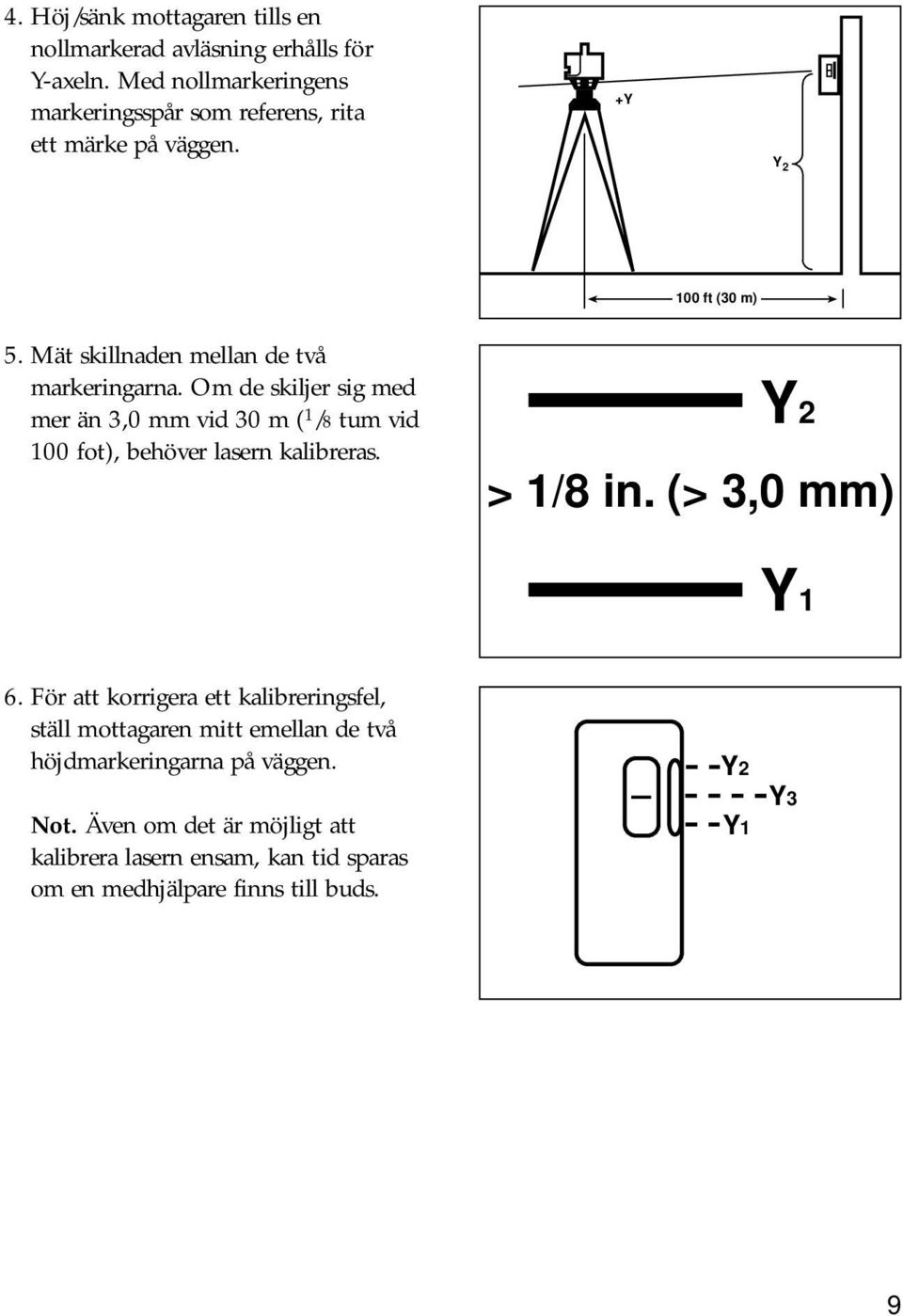 Mät skillnaden mellan de två markeringarna. Om de skiljer sig med mer än 3,0 mm vid 30 m ( 1 /8 tum vid 100 fot), behöver lasern kalibreras.