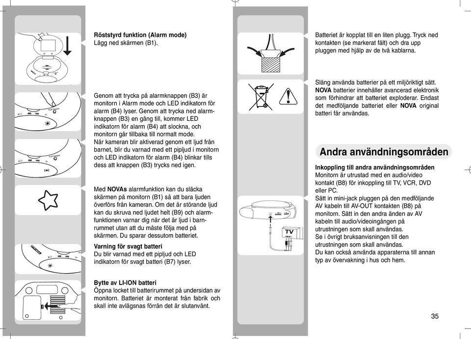 När kameran blir aktiverad genom ett ljud från barnet, blir du varnad med ett pipljud i monitorn och LED indikatorn för alarm (B4) blinkar tills dess att knappen (B3) trycks ned igen.