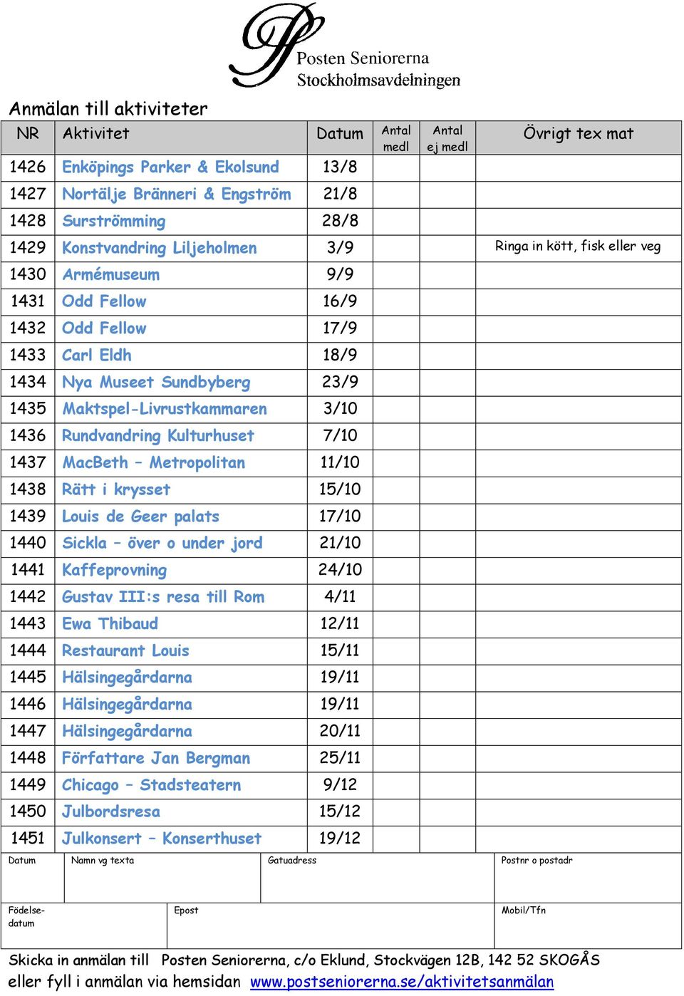 Rundvandring Kulturhuset 7/10 1437 MacBeth Metropolitan 11/10 1438 Rätt i krysset 15/10 1439 Louis de Geer palats 17/10 1440 Sickla över o under jord 21/10 1441 Kaffeprovning 24/10 1442 Gustav III:s