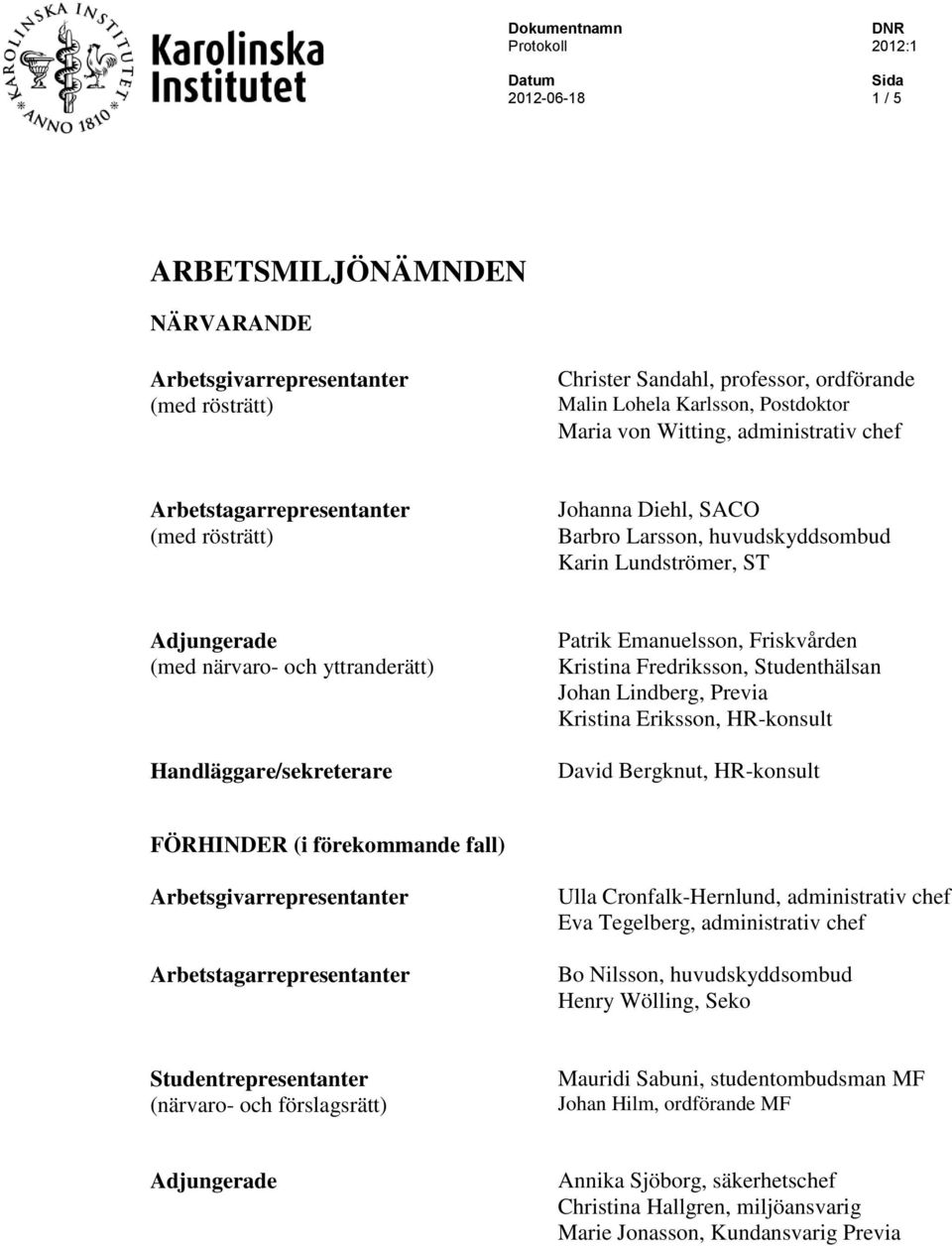 Emanuelsson, Friskvården Kristina Fredriksson, Studenthälsan Johan Lindberg, Previa Kristina Eriksson, HR-konsult David Bergknut, HR-konsult FÖRHINDER (i förekommande fall) Arbetsgivarrepresentanter