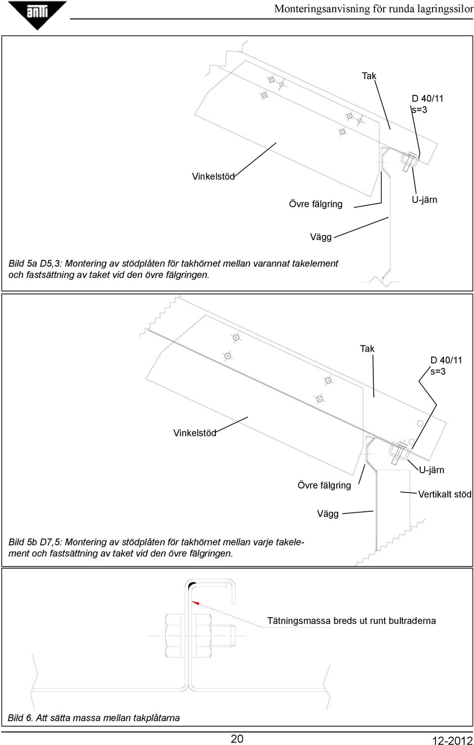 Tak D 40/11 s=3 Vinkelstöd Övre fälgring U-järn Vertikalt stöd Vägg Bild 5b D7,5: Montering av stödplåten för