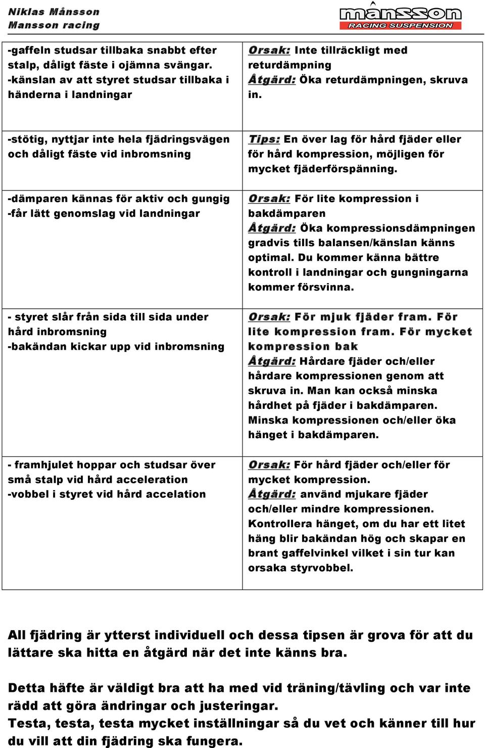 -stötig, nyttjar inte hela fjädringsvägen och dåligt fäste vid inbromsning -dämparen kännas för aktiv och gungig -får lätt genomslag vid landningar - styret slår från sida till sida under hård