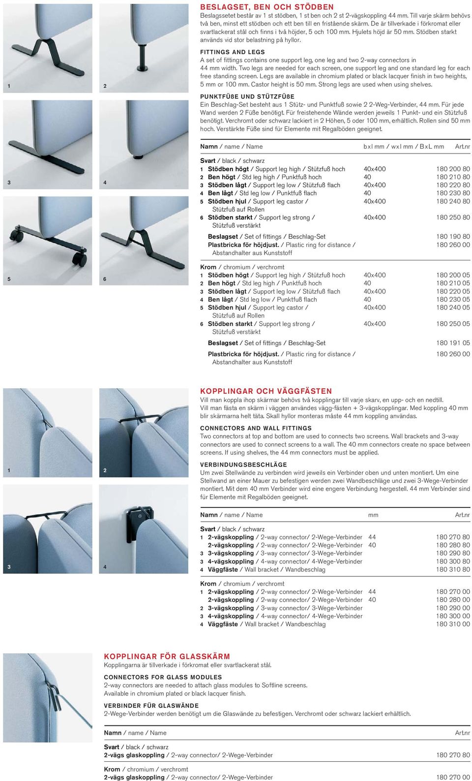 1 2 FITTINGS AND LEGS A set of fittings contains one support leg, one leg and two 2-way connectors in 44 mm width.