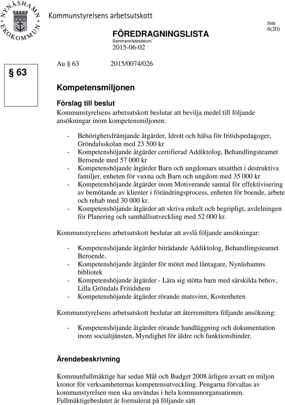 Behandlingsteamet Beroende med 57 000 kr - Kompetenshöjande åtgärder Barn och ungdomars utsatthet i destruktiva familjer, enheten för vuxna och Barn och ungdom med 35 000 kr - Kompetenshöjande