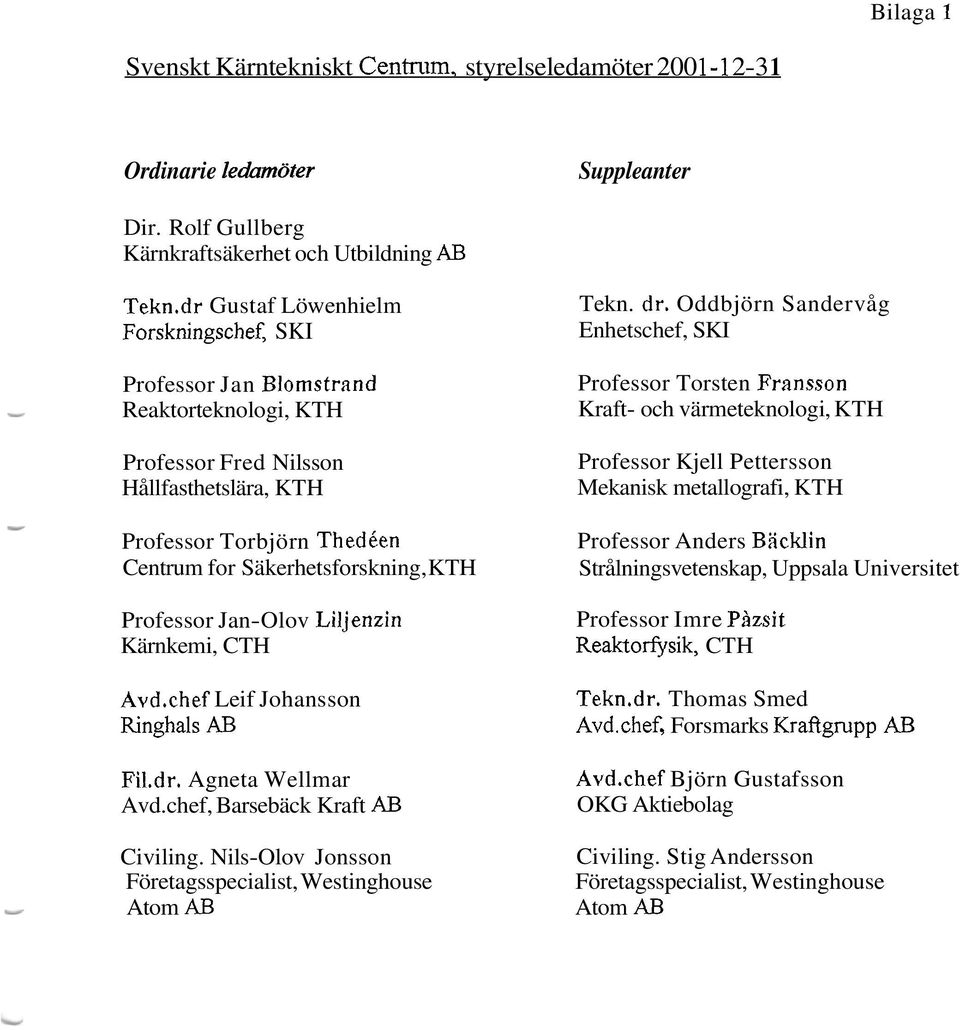 Oddbjörn Sandervåg Enhetschef, SKI Professor Torsten Fransson Kraft- och värmeteknologi, KTH Professor Fred Nilsson Hållfasthetslära, KTH - Professor Torbjörn Thedeen Centrum for Säkerhetsforskning,