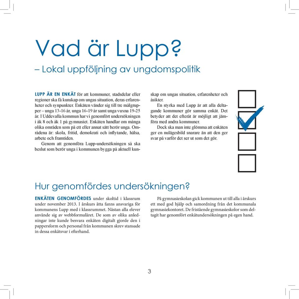 Enkäten handlar om många olika områden som på ett eller annat sätt berör unga. Områdena är: skola, fritid, demokrati och inflytande, hälsa, arbete och framtiden.