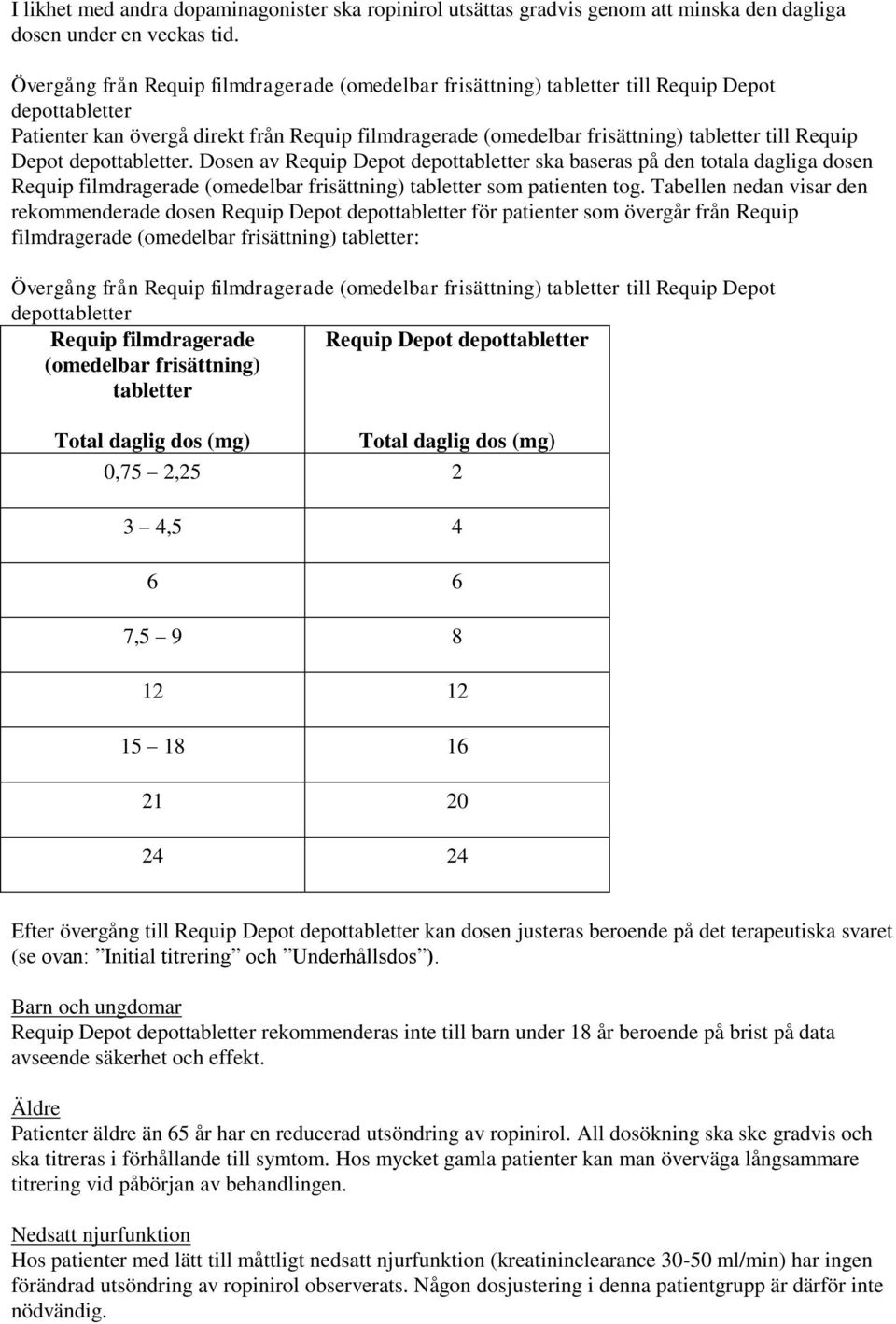 Requip Depot depottabletter. Dosen av Requip Depot depottabletter ska baseras på den totala dagliga dosen Requip filmdragerade (omedelbar frisättning) tabletter som patienten tog.