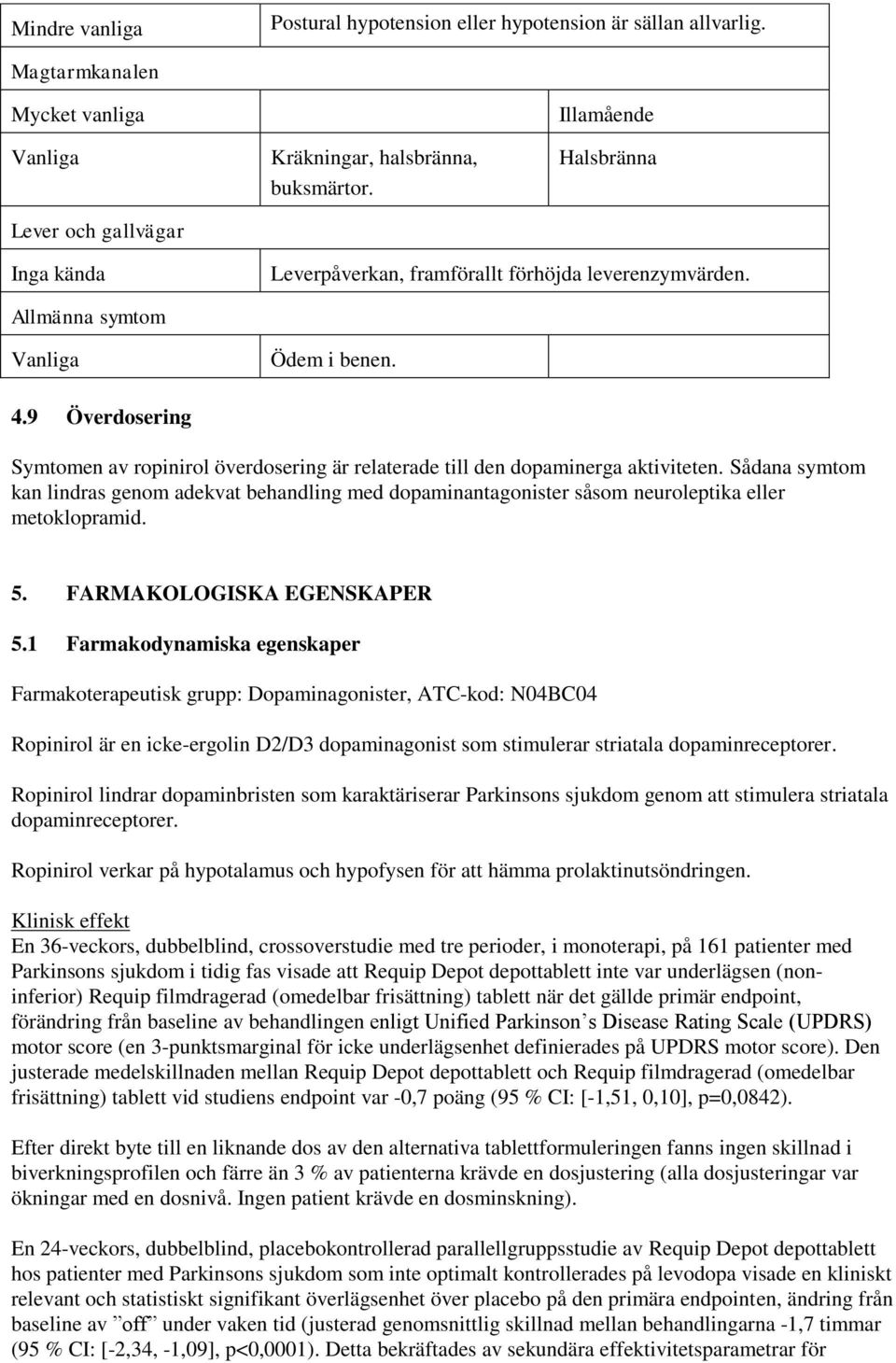 9 Överdosering Symtomen av ropinirol överdosering är relaterade till den dopaminerga aktiviteten.