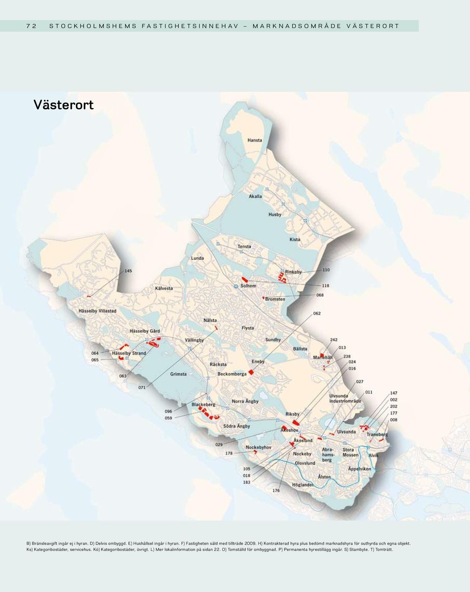 H) Kontrakterad hyra plus bedömd marknadshyra för outhyrda och egna objekt. Ks) Kategoribostäder, servicehus.