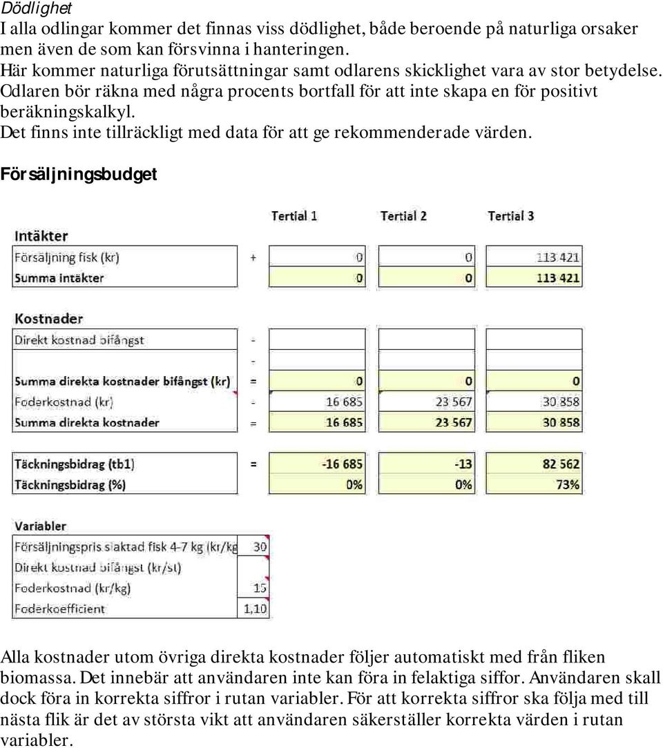 Det finns inte tillräckligt med data för att ge rekommenderade värden. Försäljningsbudget Alla kostnader utom övriga direkta kostnader följer automatiskt med från fliken biomassa.